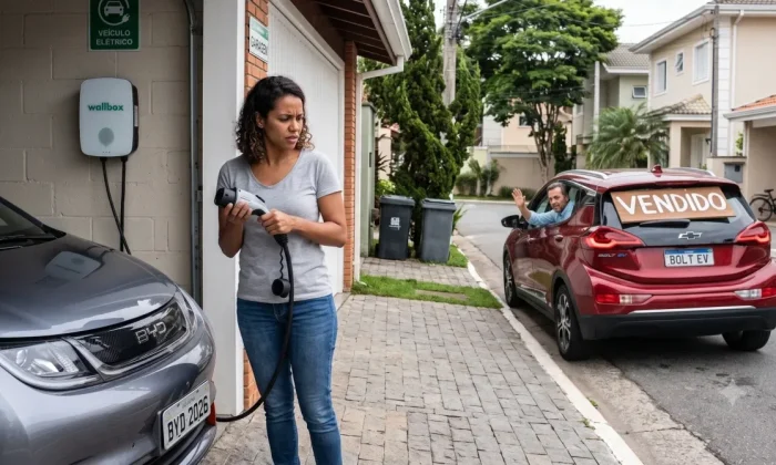 Carregador de carro elétrico instalado em parede de garagem residencial