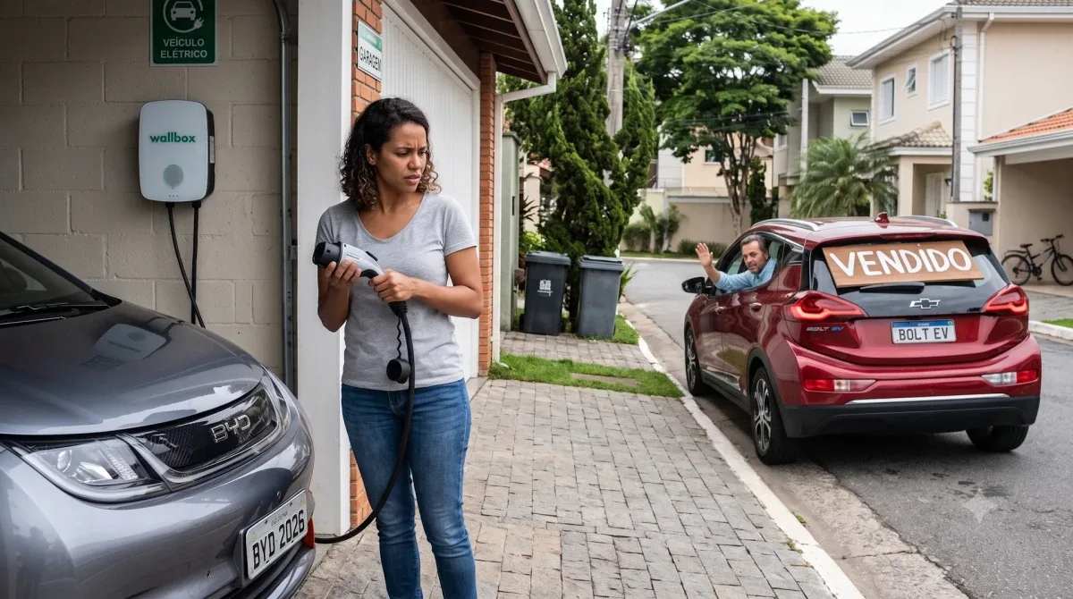 Carregador de carro elétrico instalado em parede de garagem residencial