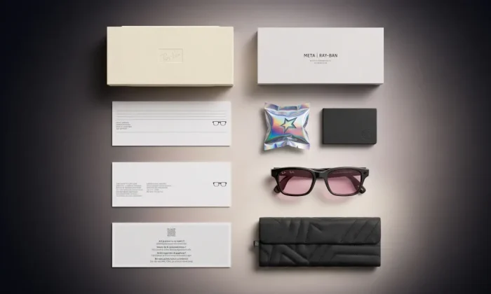 Óculos inteligentes Ray-Ban Meta Gen 3 exibidos em exposição minimalista