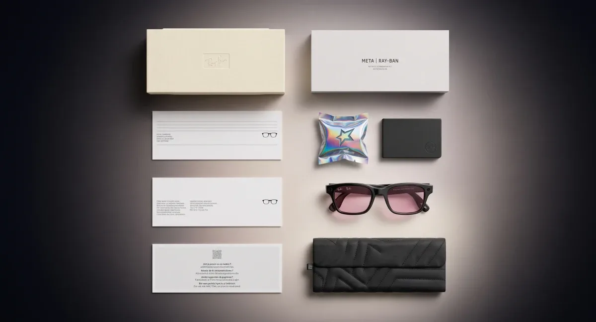 Óculos inteligentes Ray-Ban Meta Gen 3 exibidos em exposição minimalista