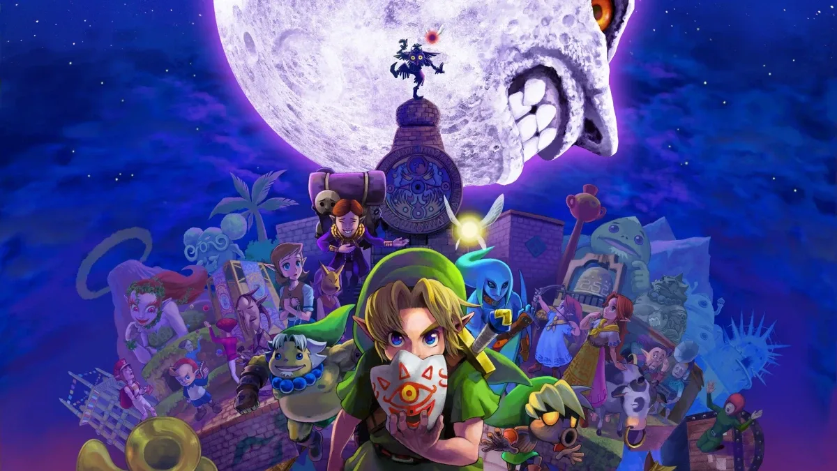 Link montado em cavalo em cenário clássico de The Legend of Zelda Ocarina of Time