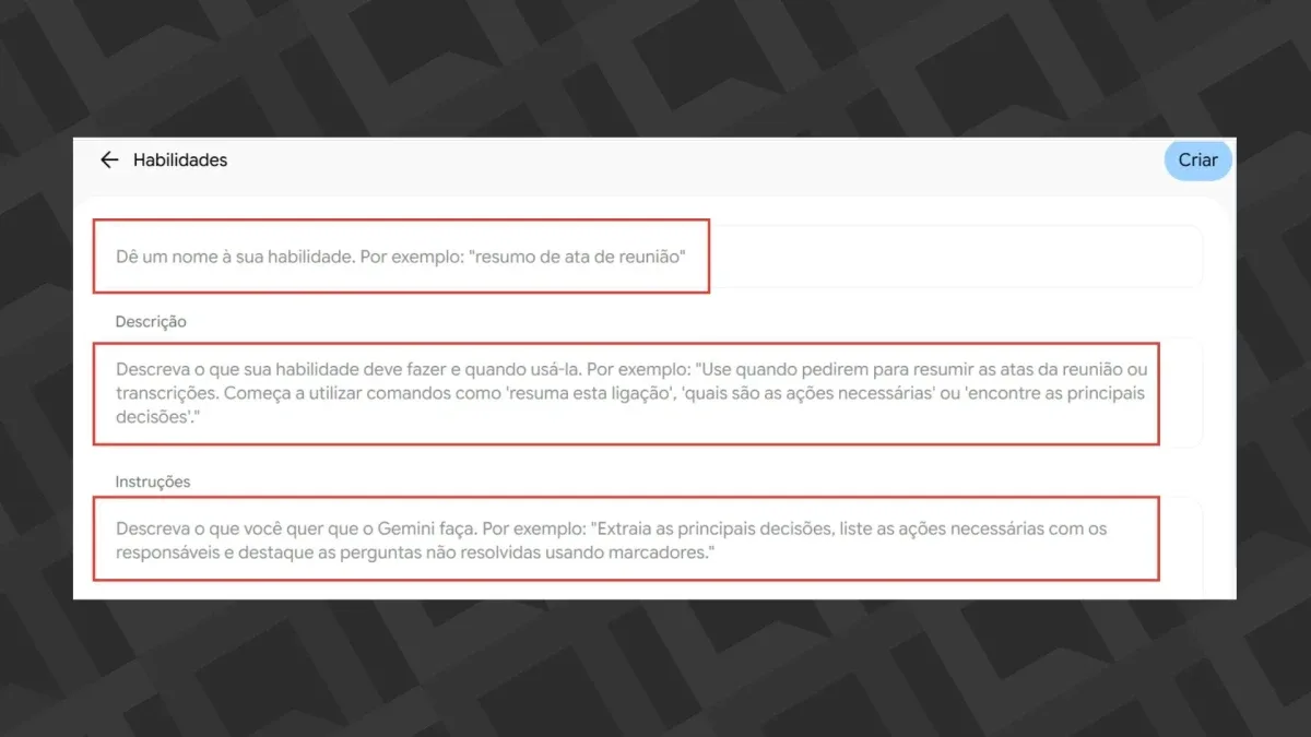 Usuario navegando pelas configuracoes de habilidades no painel web do Gemini