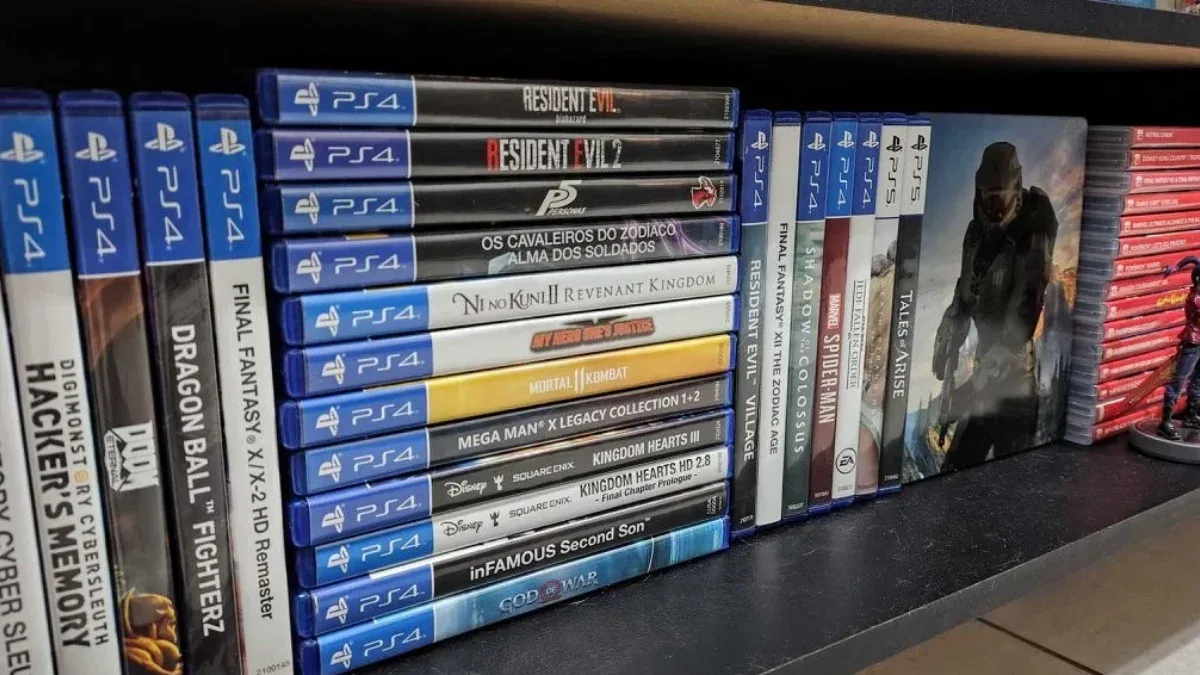Console PlayStation com unidade de mídia física em bancada moderna iluminada