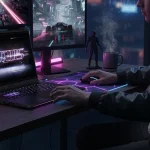 Notebook gamer aberto mostrando teclado RGB iluminado e chassi metálico escuro