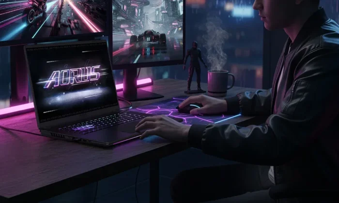 Notebook gamer aberto mostrando teclado RGB iluminado e chassi metálico escuro