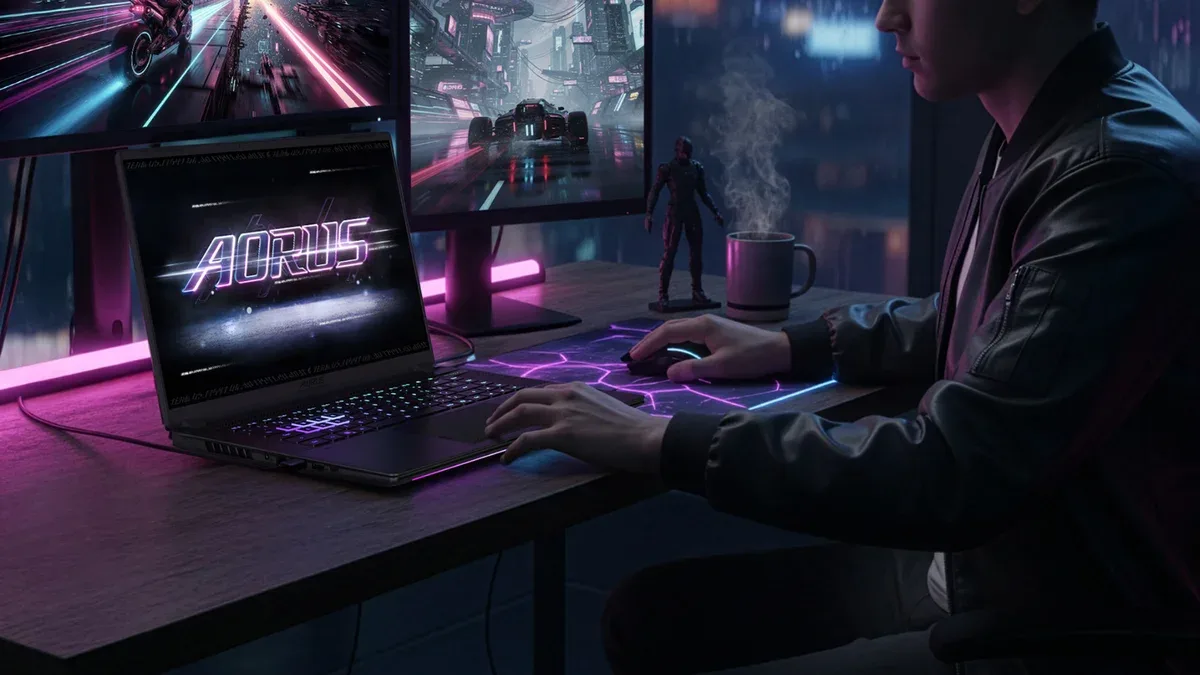 Notebook gamer aberto mostrando teclado RGB iluminado e chassi metálico escuro