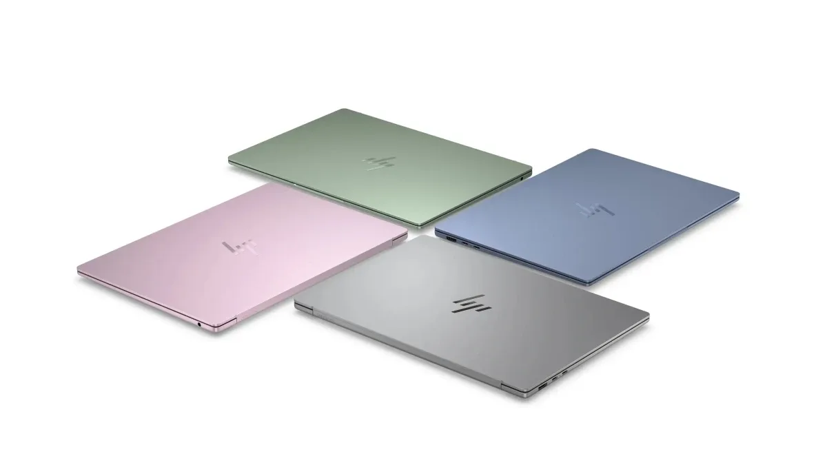 Tela OLED de 14 polegadas do HP OmniBook 5 exibindo cores vibrantes em estúdio
