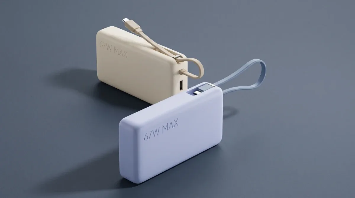 Carregador portátil posicionado sobre uma mesa ao lado de dispositivos eletrônicos