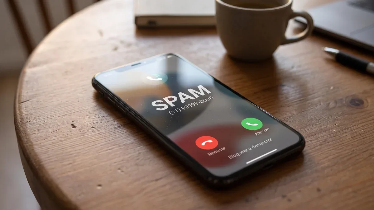 Smartphone exibindo aviso de chamada bloqueada por suspeita de fraude telefônica